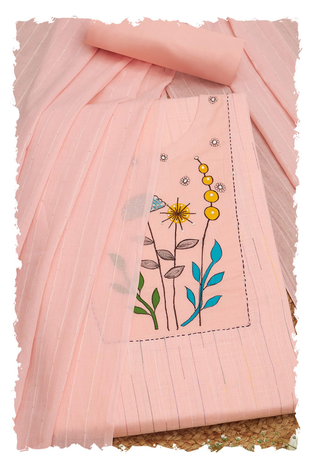 Soch Women Cotton Striped Unstitched Dress Material with Thread Work