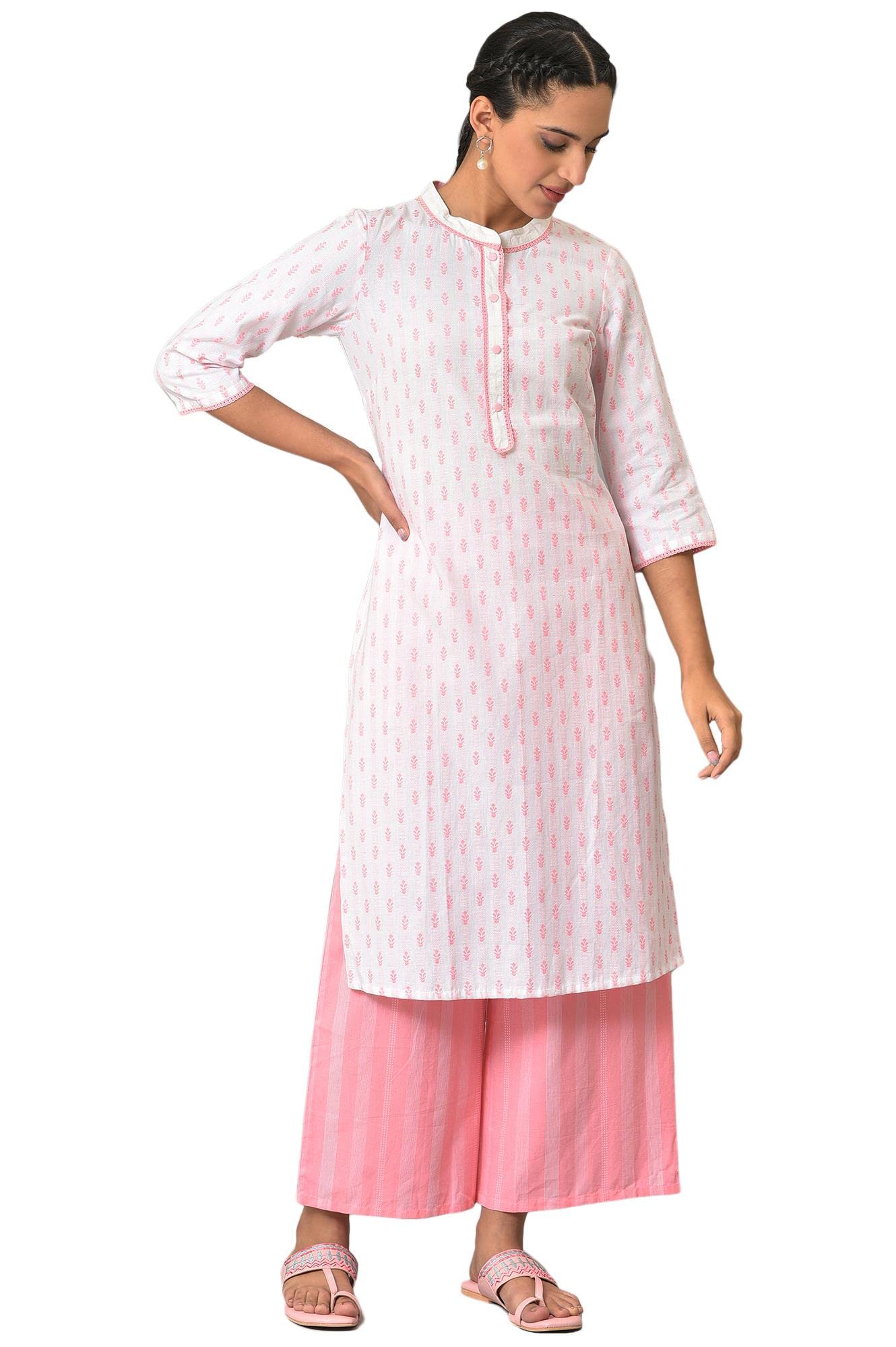 Pink Floral Print Plus Size Kurta In Band Collar