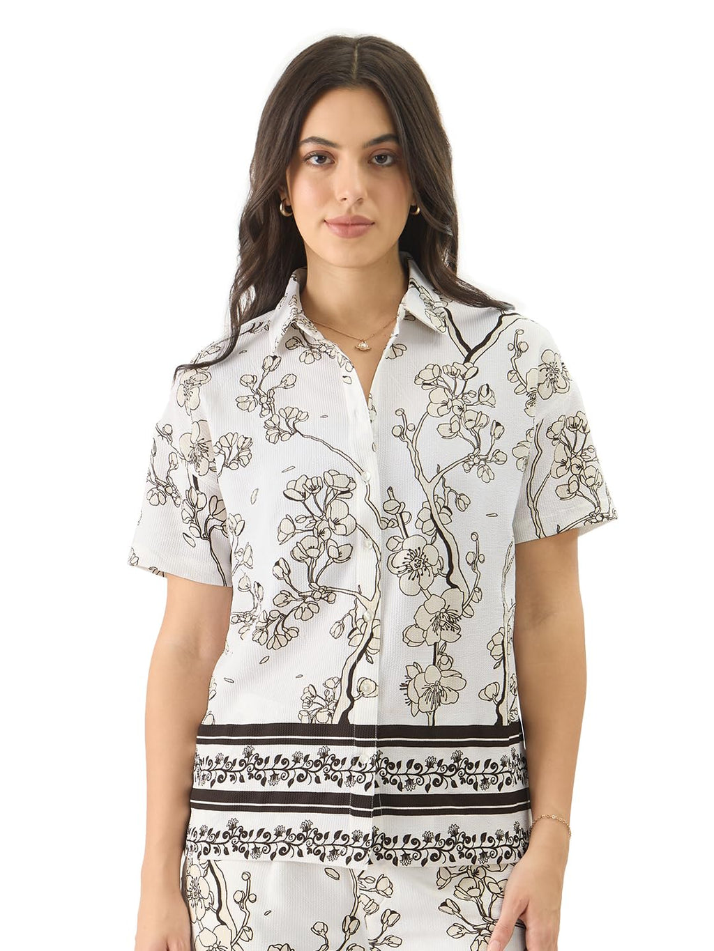The Souled Store Gardenia Women and Girls Short Sleeve Collared Neck White All Over Print Button Down Oversized Shirts
