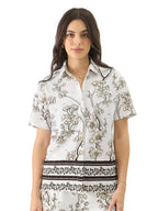 The Souled Store Gardenia Women and Girls Short Sleeve Collared Neck White All Over Print Button Down Oversized Shirts