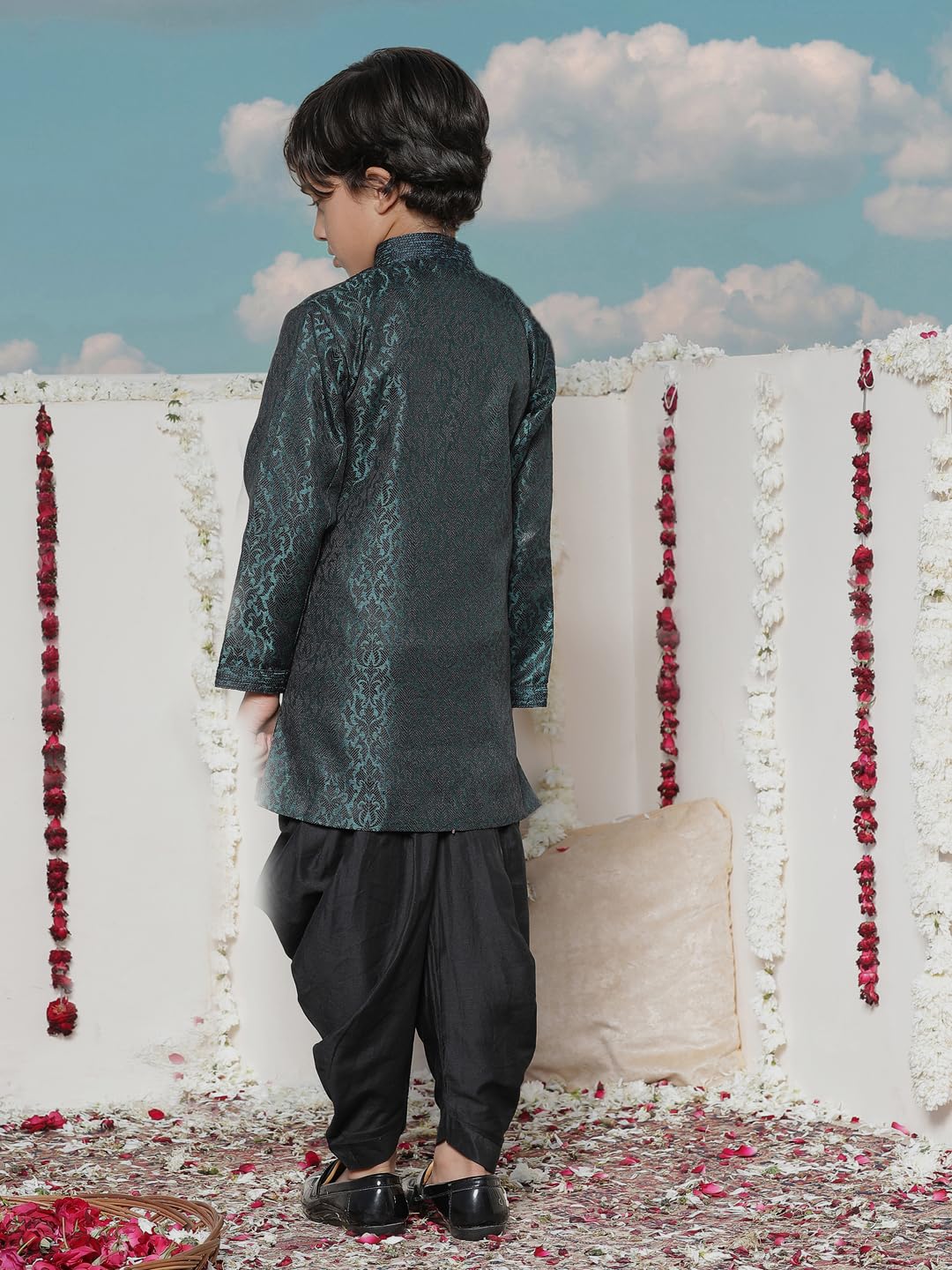 Jbn Creation Boys Turquoise Silk Blend Woven Sherwani Top Only