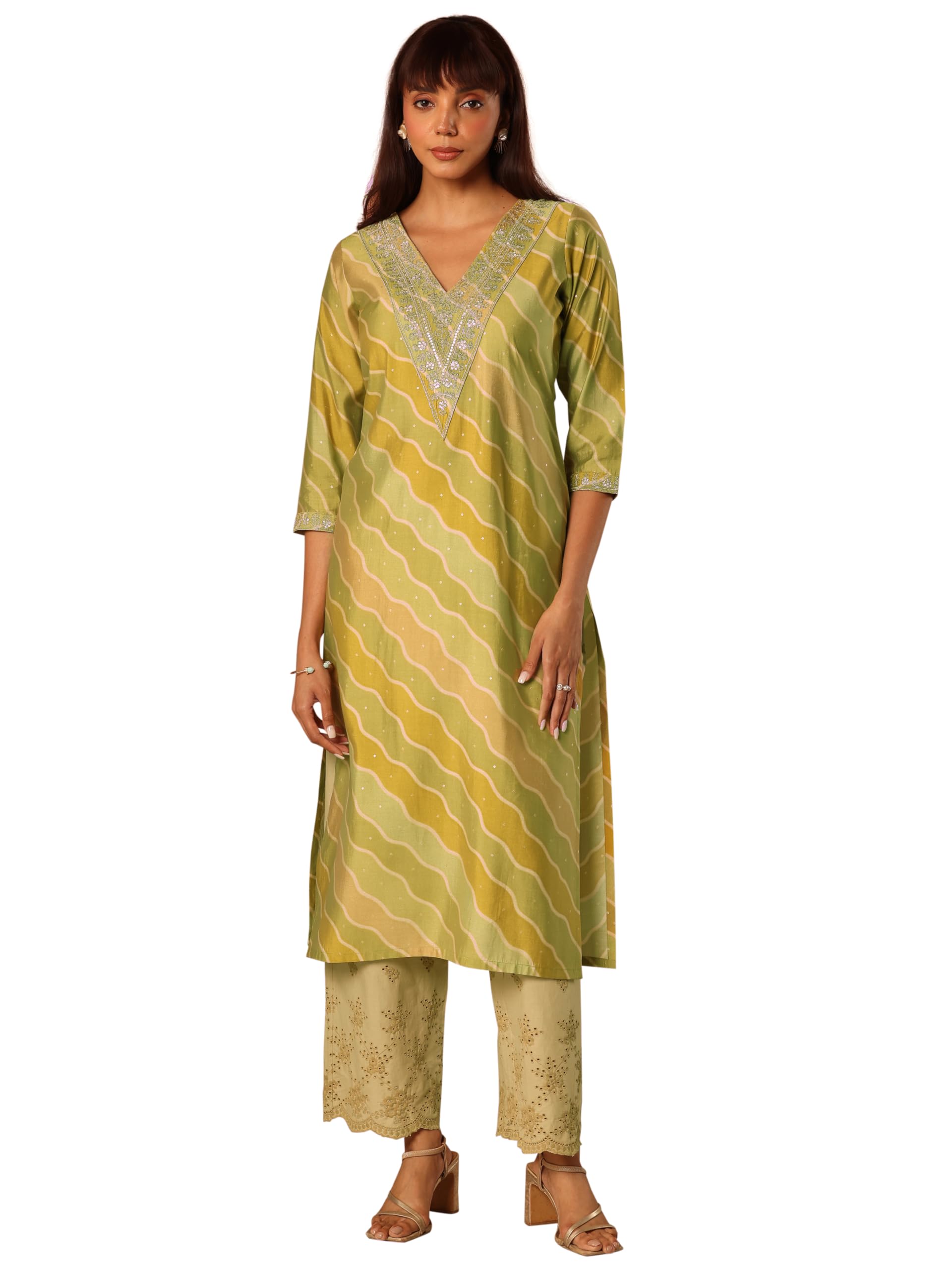 Gerua by Libas Printed Silk Straight Kurta Green