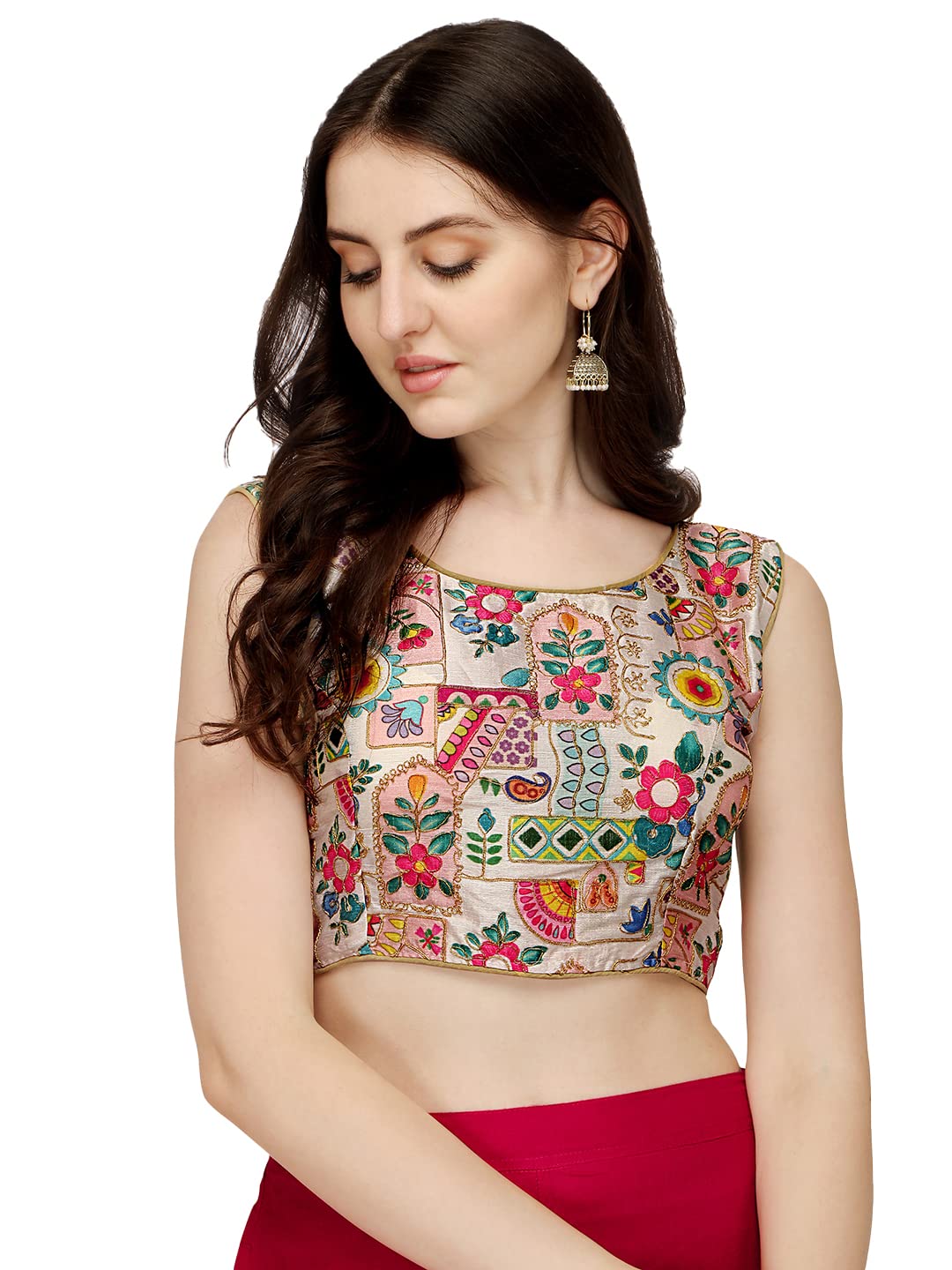 Pujia Mills Womens Phantom Silk Floral Sleeveless Saree Blouse (Position Print 1 Blouse White, 40)