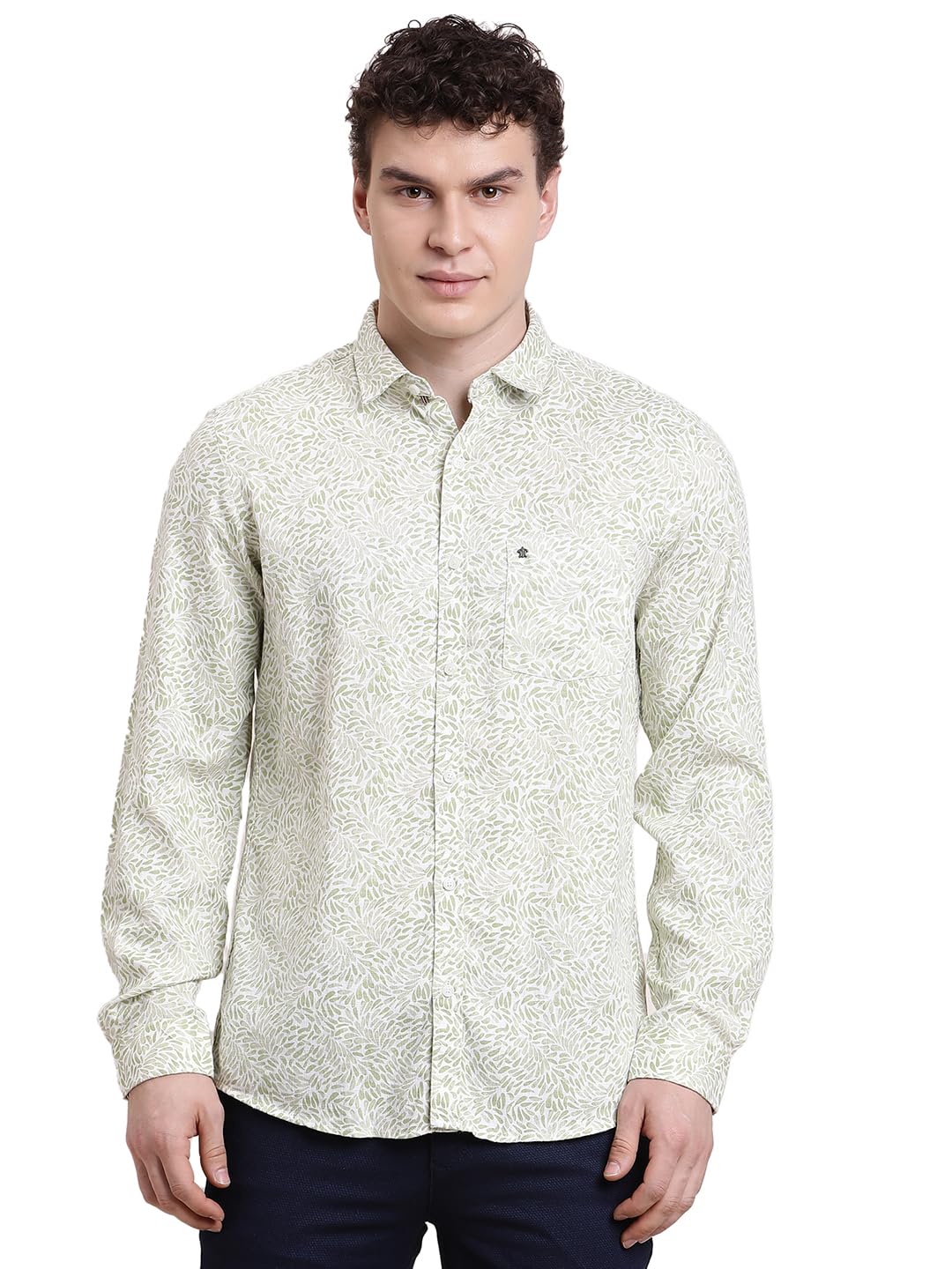Turtle Men Slim Fit Printed Excel Linen Olive Casual Shirt