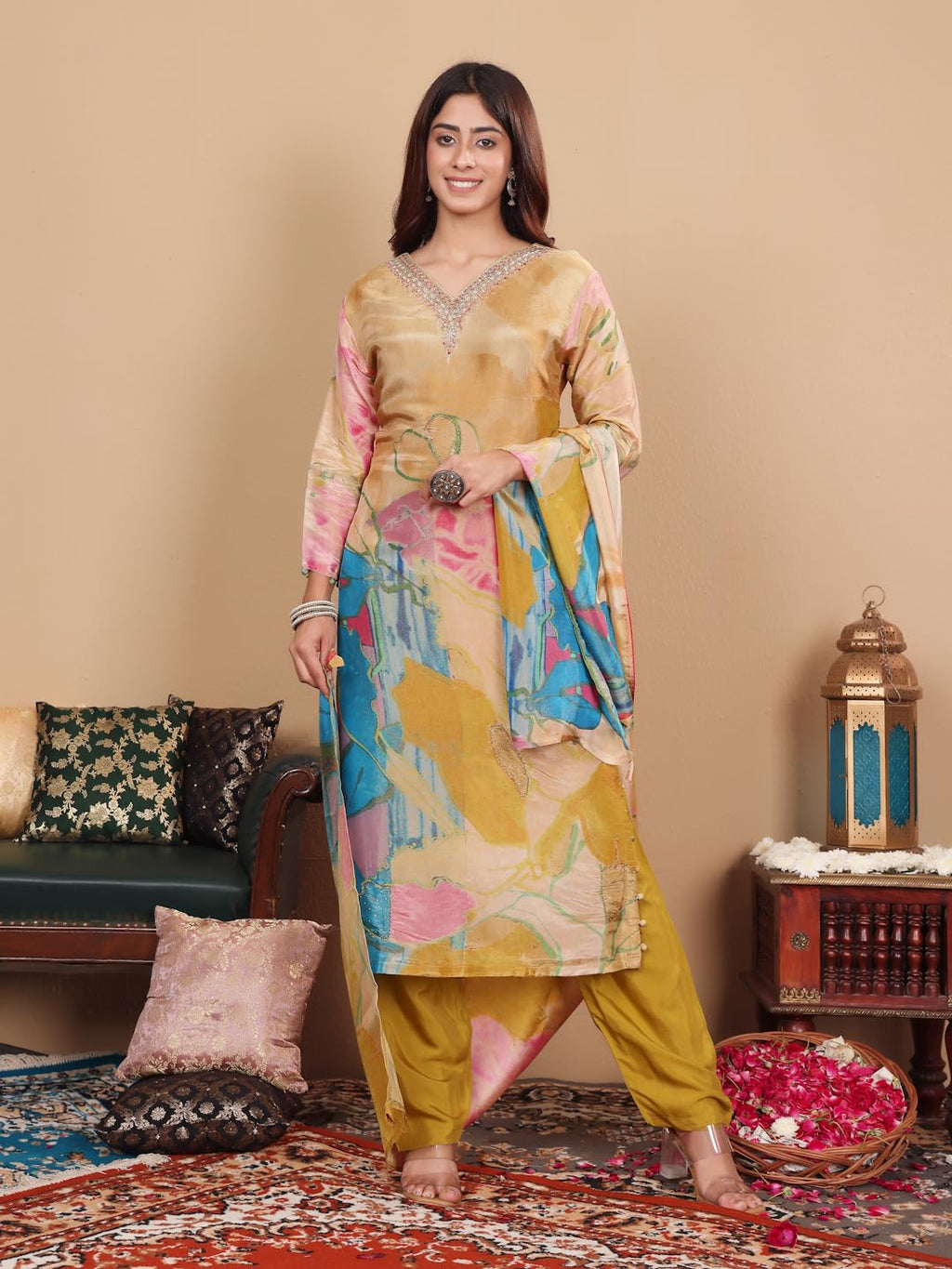 Varanga Women Mustard Pure Silk Gold Shimmer Floral Printed And Stones Embellishment Straight Kurta With Trousers And Dupatta