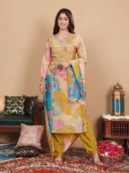 Varanga Women Mustard Pure Silk Gold Shimmer Floral Printed And Stones Embellishment Straight Kurta With Trousers And Dupatta