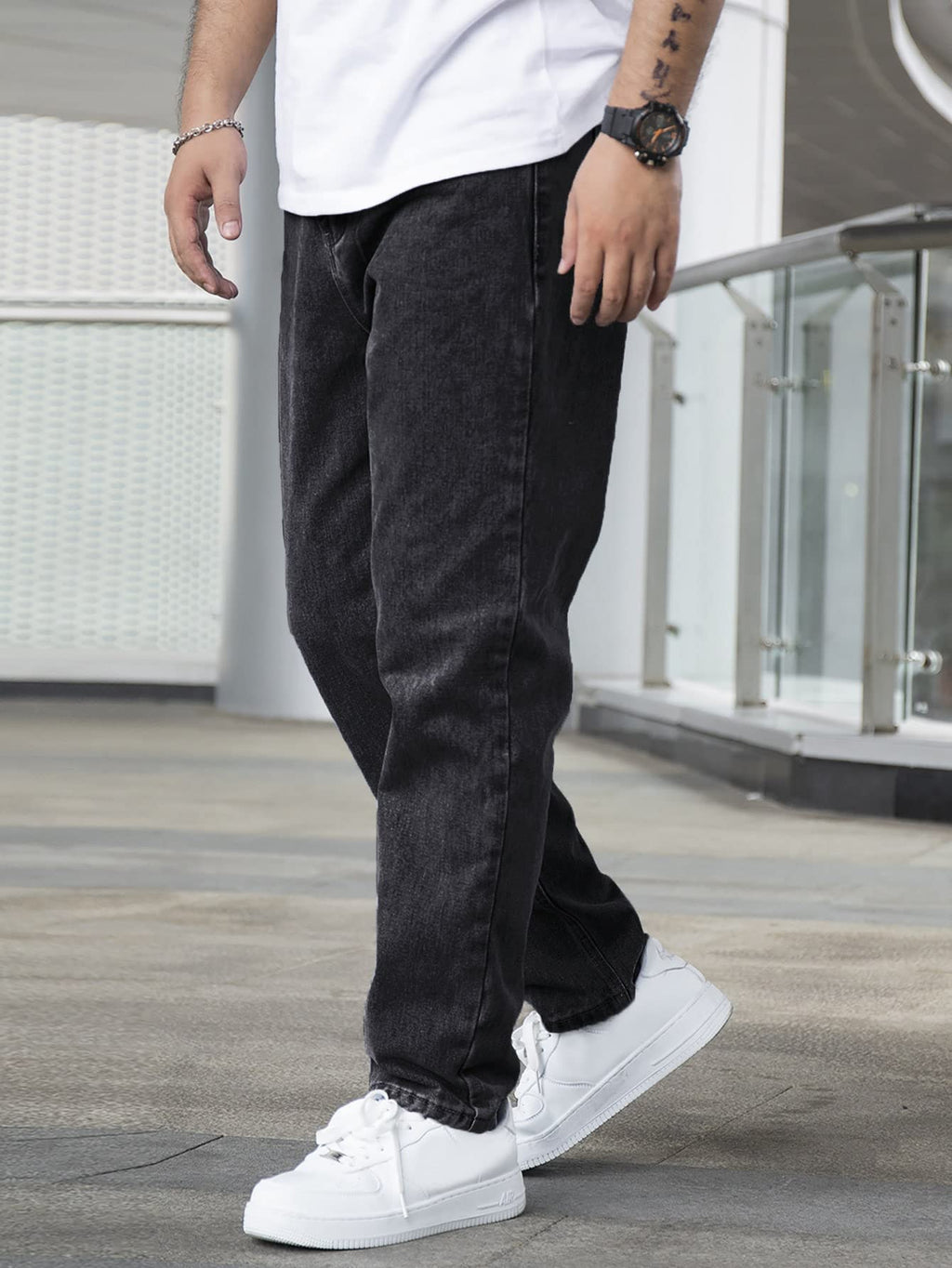 AVANOVA Mens Black Slant Pocket Wide Leg Jeans  Casual Loose Fit Denim Pants, Cotton Blend Trousers with Slant Pockets for Daily