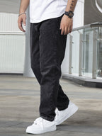 AVANOVA Mens Black Slant Pocket Wide Leg Jeans  Casual Loose Fit Denim Pants, Cotton Blend Trousers with Slant Pockets for Daily