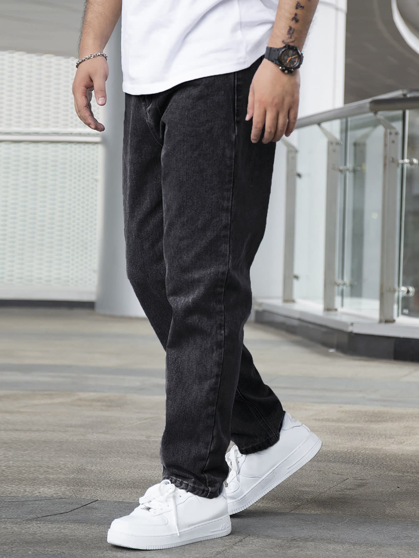AVANOVA Mens Black Slant Pocket Wide Leg Jeans  Casual Loose Fit Denim Pants, Cotton Blend Trousers with Slant Pockets for Daily