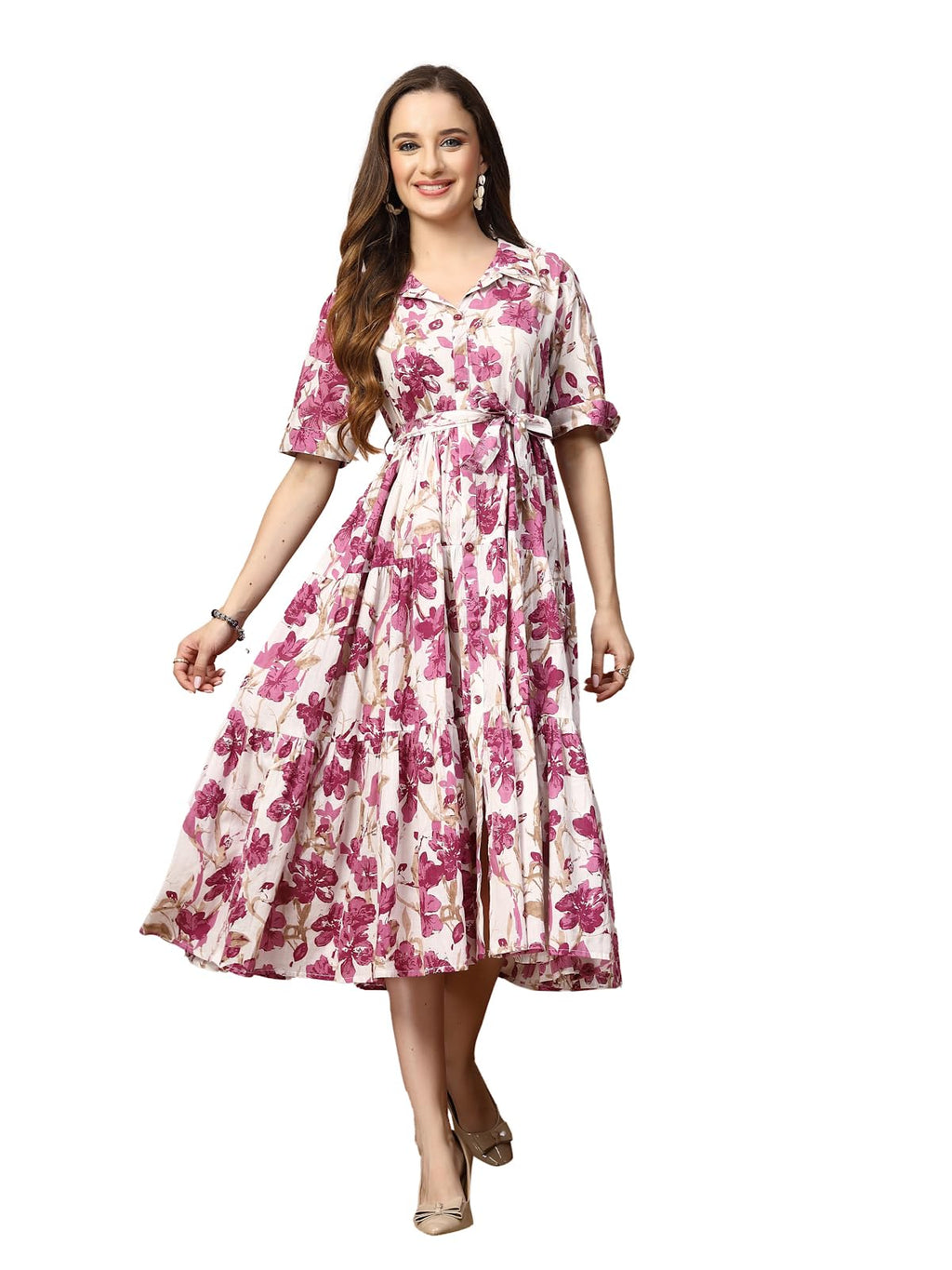 Stylum Womens Floral Printed Cotton Flared Dress (DRSMAGENTAKINNU38_Magenta, M)