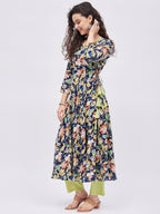 Tissu WomenS Rayon Blue & Green Floral Printed Angrakha Kurta