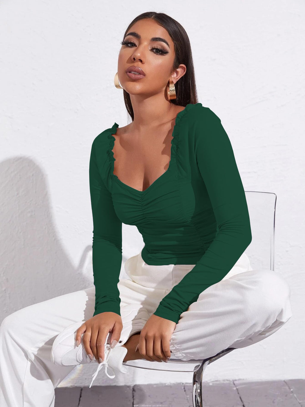 AVANOVA Womens & Girls Bottle Green Full Sleeve, Sweat Hear Neck, Frill Trim Ruched Crop Top for Women, Tops, T-Shirts for Gir