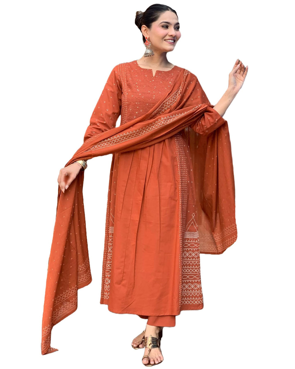 ANNI DESIGNER Womens Rayon Viscose Anarkali Printed Kurta with Pant & Dupatta (Hamlet Orange_XL_Orange_X-Large)