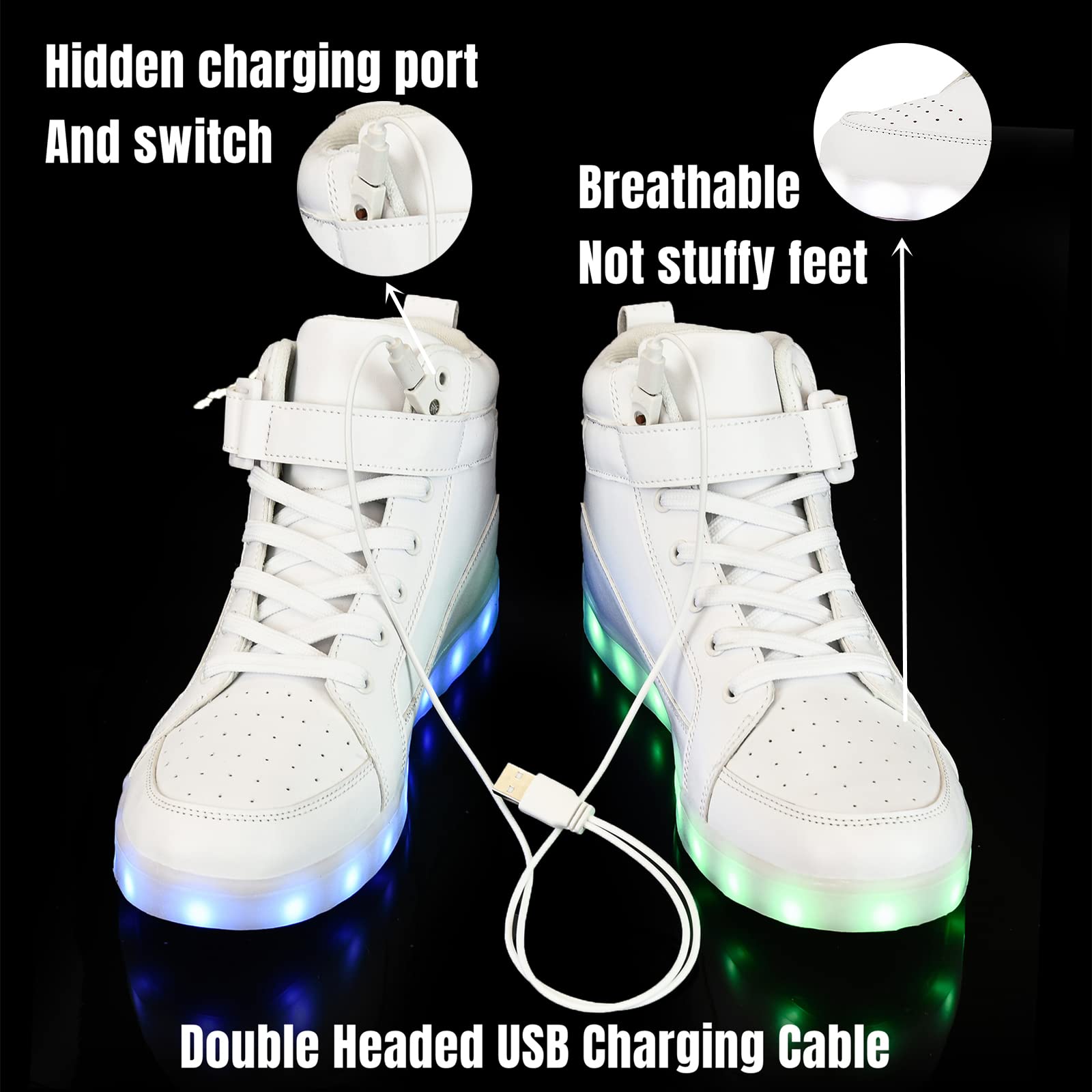 IGxx LED Light Up Shoes for Men USB Recharging High Top LED Sneakers Women Kids Fashion Glowing Lights White 9.5