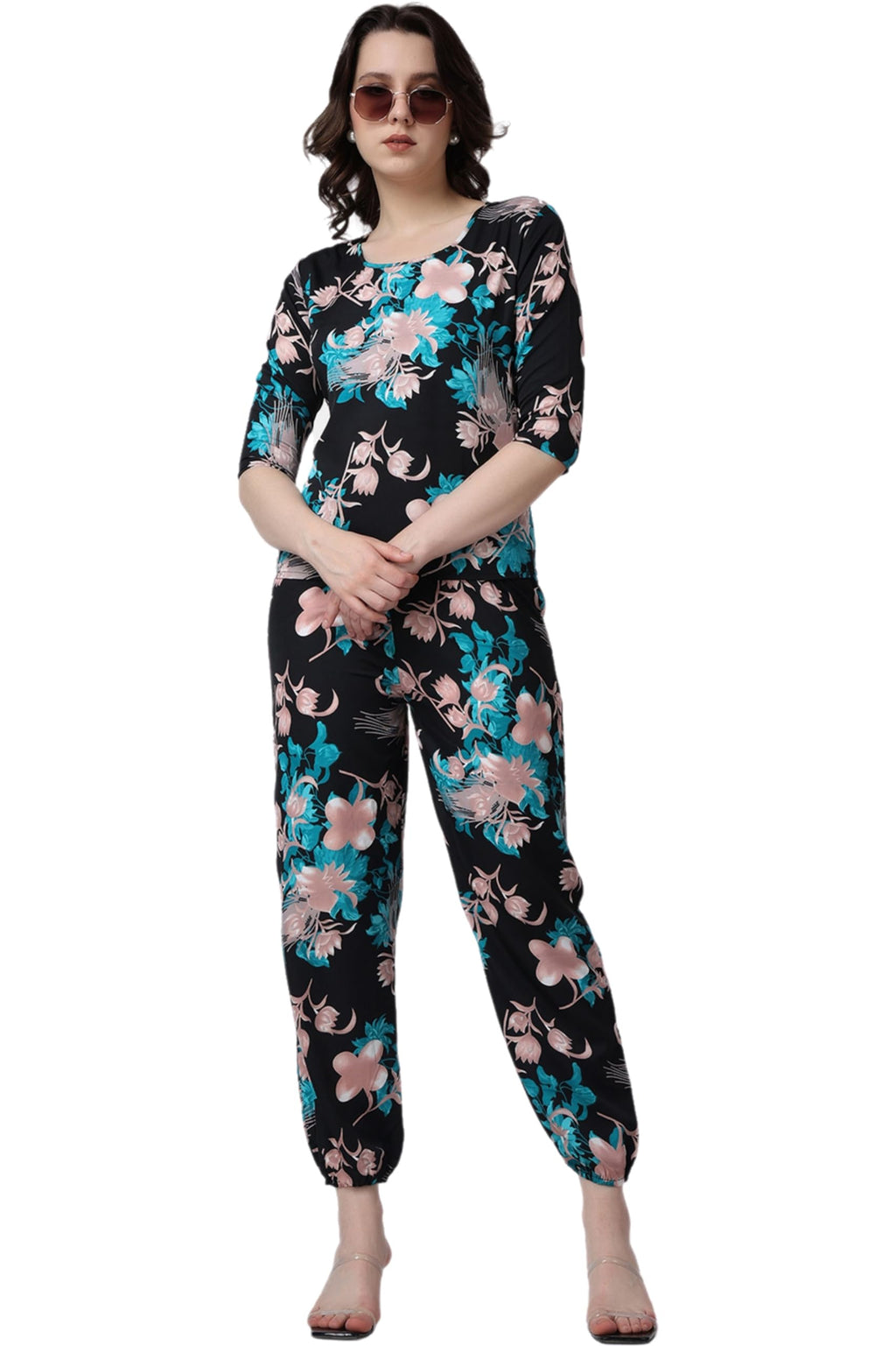 POPWINGS Casual Printed Top and Joggers Set for Women || Stylish Summer Co-Ords Set for Women || Round-Neck Top and Joggers Comb