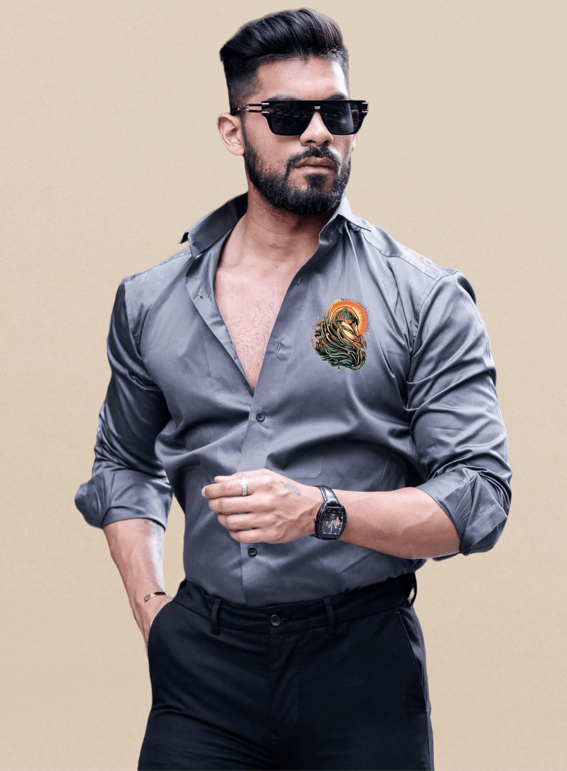 Indoprimo Men'S Stylish Solid Satin Casual Shirt For Men Full Sleeve - Bird Darkgrey