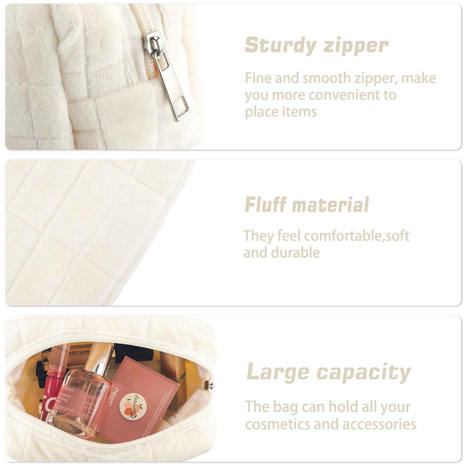 2Pcs Makeup Bag for Women Girls Pencil Pouch Travel Small Cosmetic Bag Set Cute Plush White Makeup Pouch Purse Pencil Case Penci