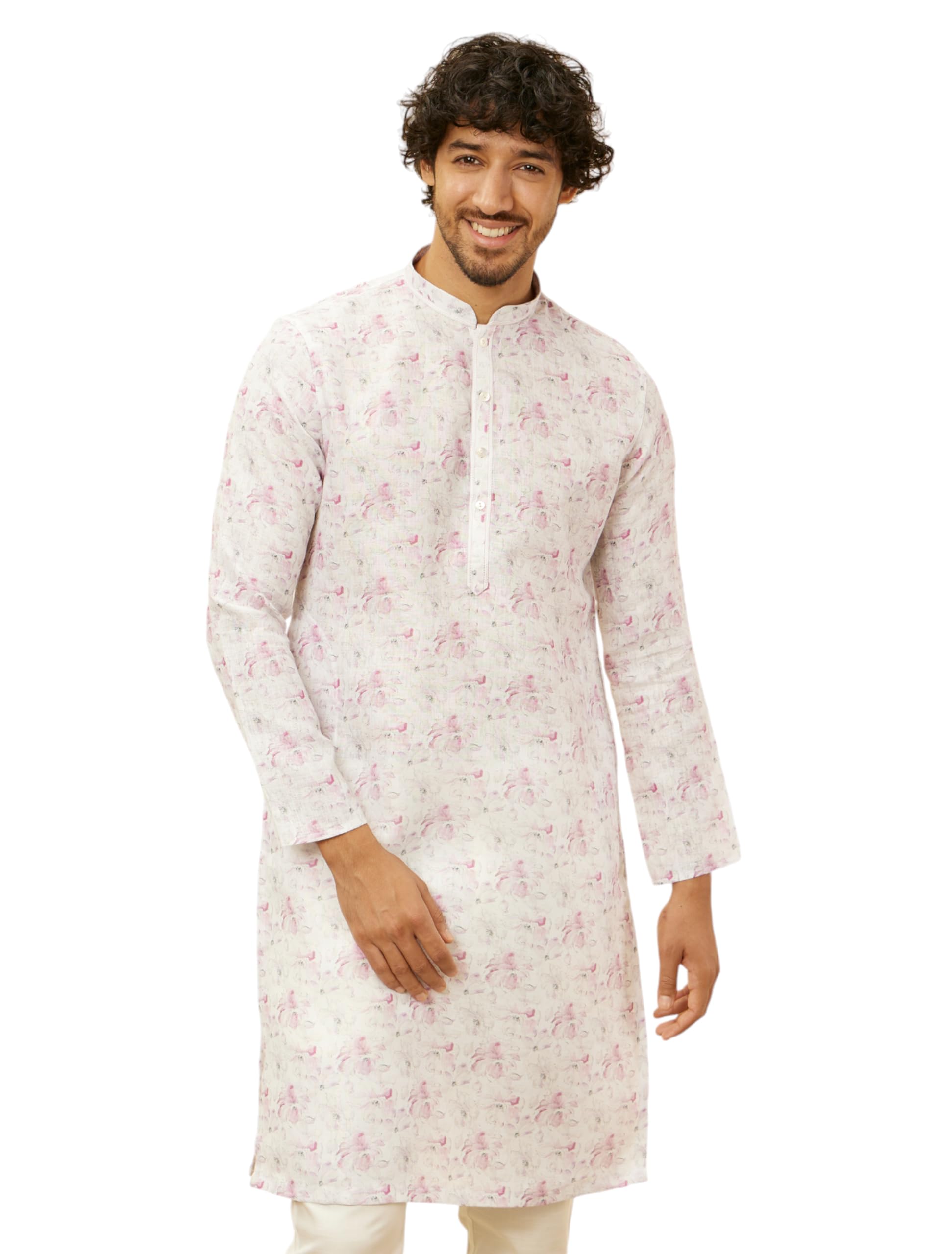 Manyavar Mens Soft White Floral Printed Kurta (M)