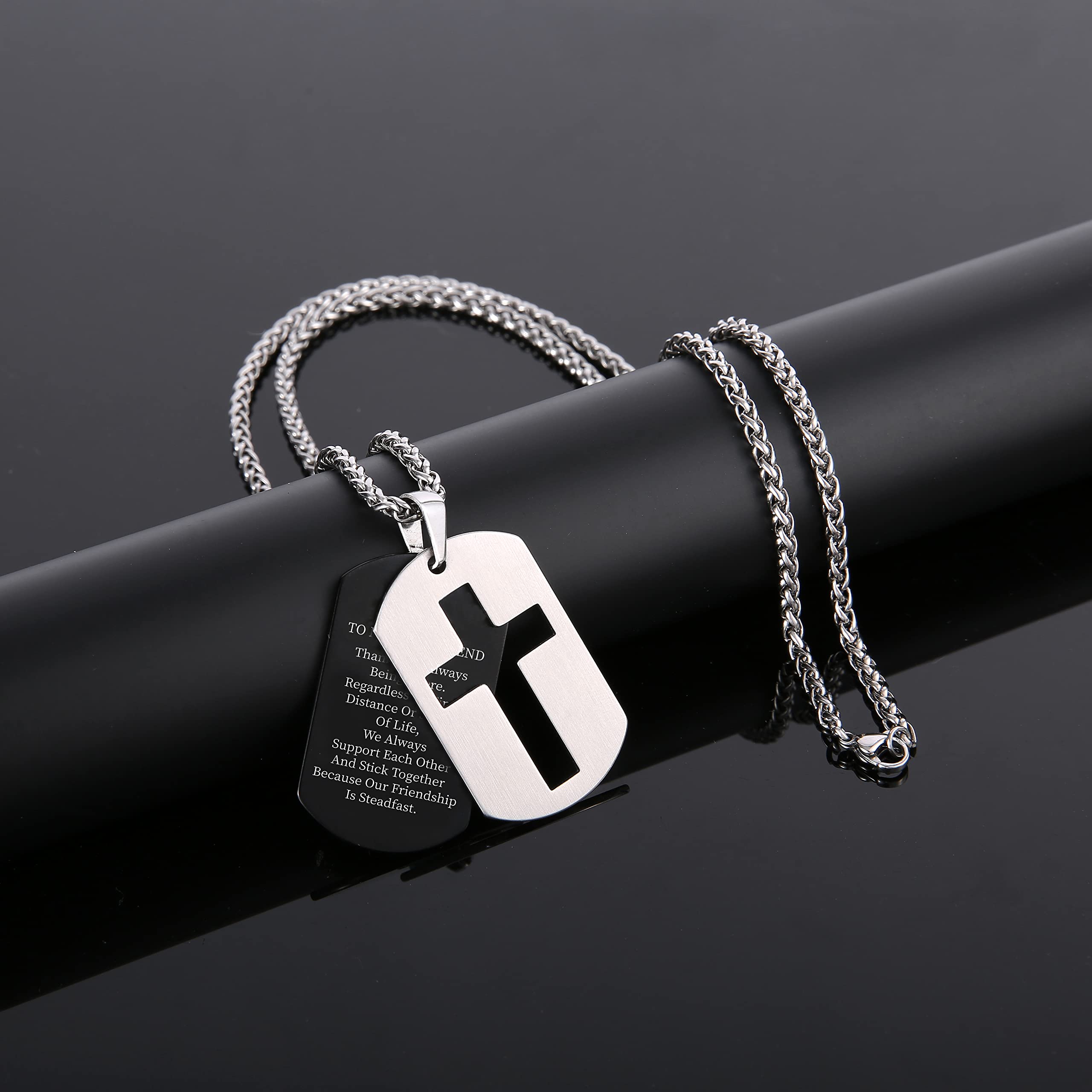 P.Blake Dog Tag Cross Necklace for Friend Stainless Steel Cross Pendant Christian Religious Jewelry Christmas Gifts for Men Boys