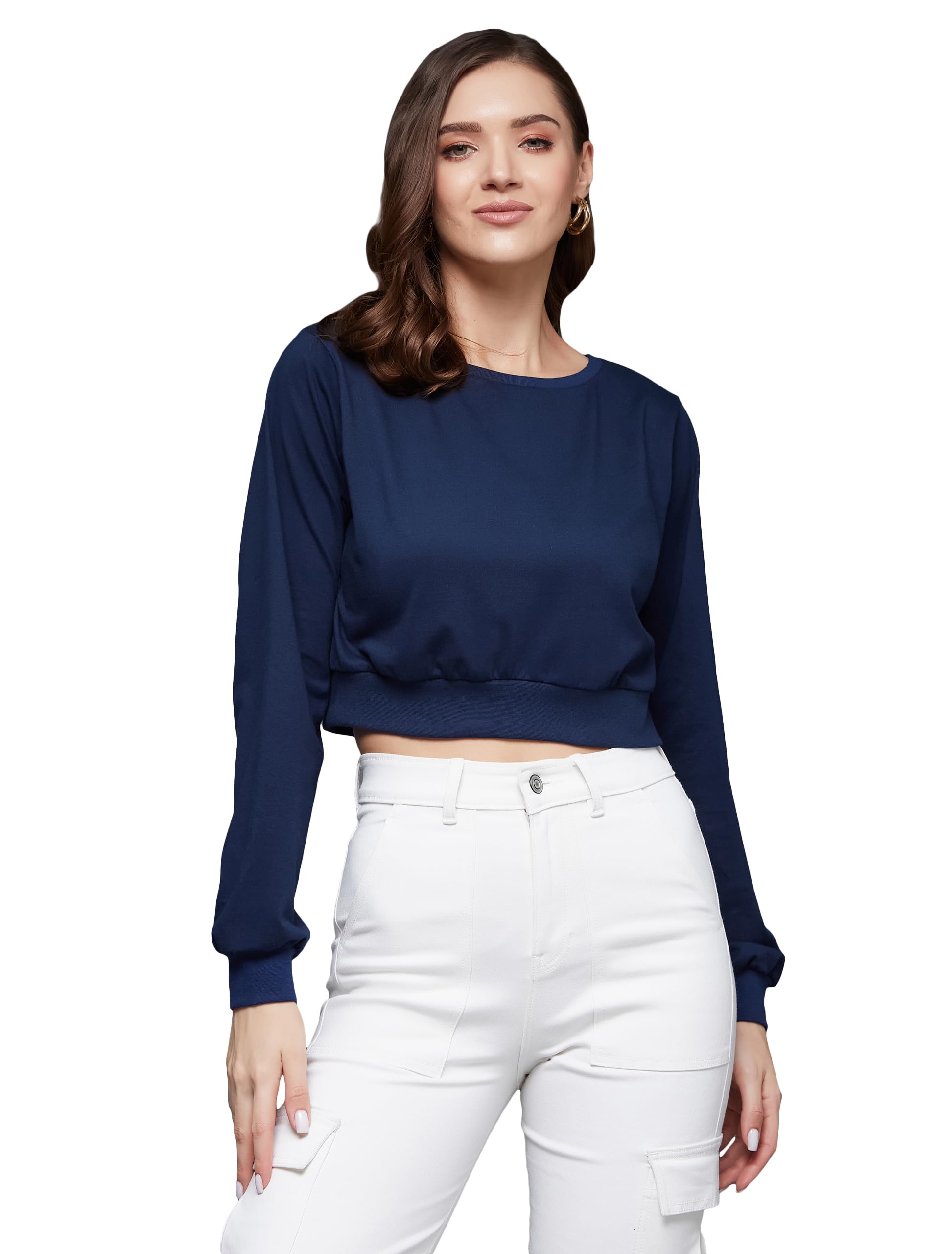 Miss Chase Womens Round Neck Full Sleeves Solid Crop Top (MCSS25TP98-22-71-02, Navy Blue, XS)