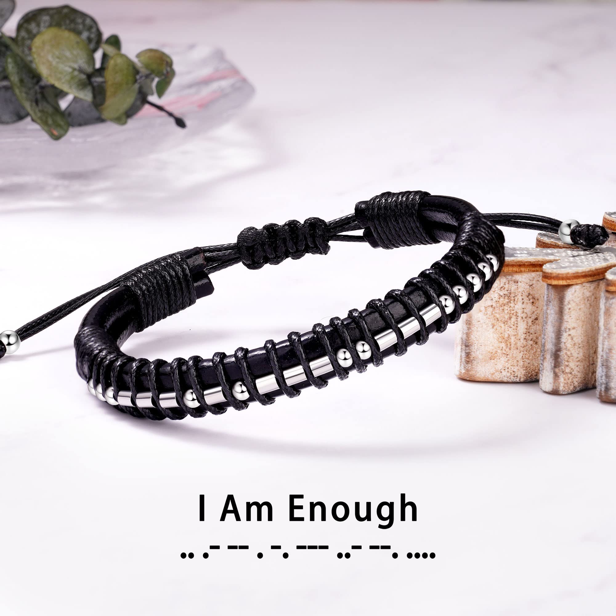 Btysun Inspirational Gifts for Men Morse Code Bracelets 50th Unique Leather Bracelets for Men Adjustable Motivational Secret Mes