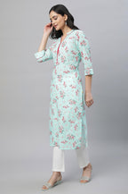 Aurelia Green Floral Printed Printed Cotton Straight Long Kurta For Women