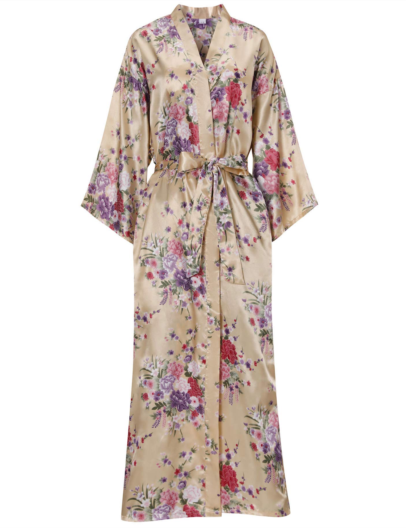MizzGenio Women's Long Silk Robes Plus Size Long Satin Robes Floral Long Robes Sleepwear,ChampagneXX-Large-3X-Large Plus