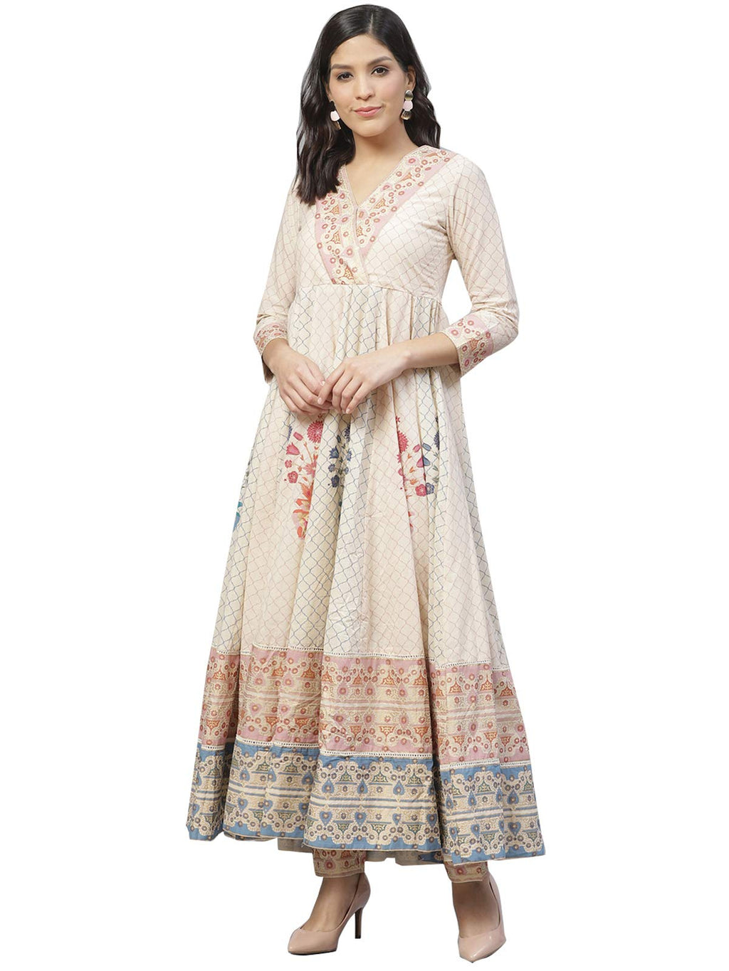 Ishin Women'S Cotton Anarkali Beige Foil Printed Kurti Kbedsqr-4010_S_Beige