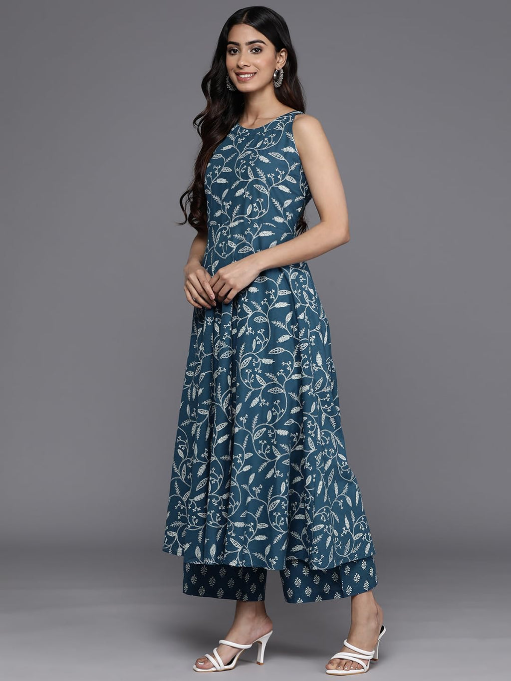 Varanga Women Blue Floral Printed Anarkali Kurta Paired With Tonal Bottom