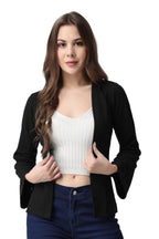 POPWINGS Casual Black Solid Front Open Shrug for Women | Latest Stylish Summer Wear Shrugs for Women | Hip-Length Women Shrug wi