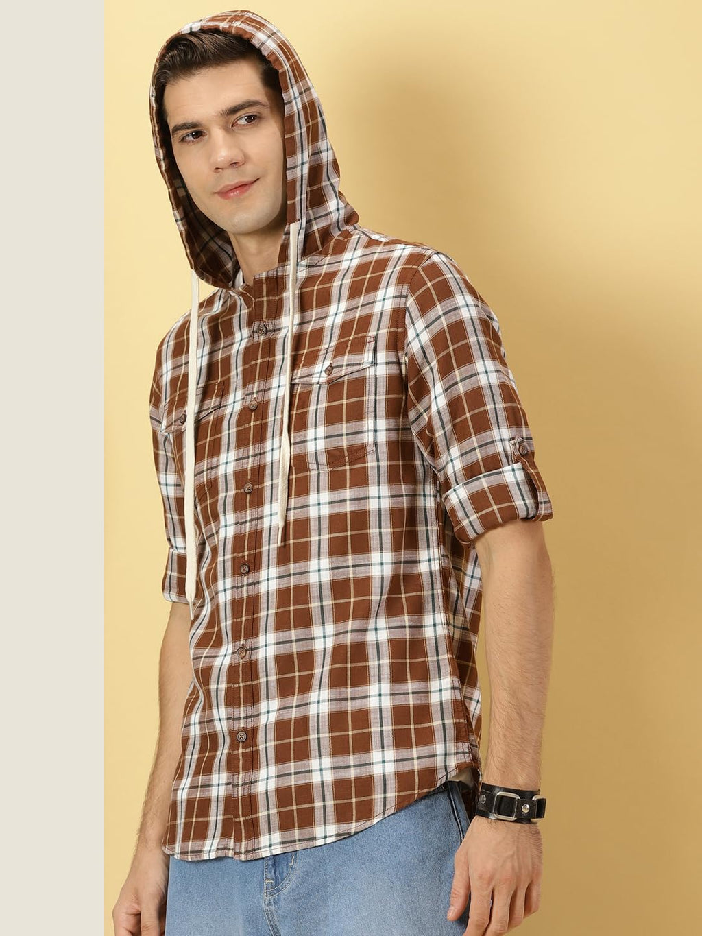 Thomas Scott Tartan Checked 100% Cotton Shirt Hoodie for Mens Coffee