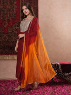 ANNI DESIGNER Ladies Plain Rayon Blend Kurta with Trousers and Dupatta, dark red, S