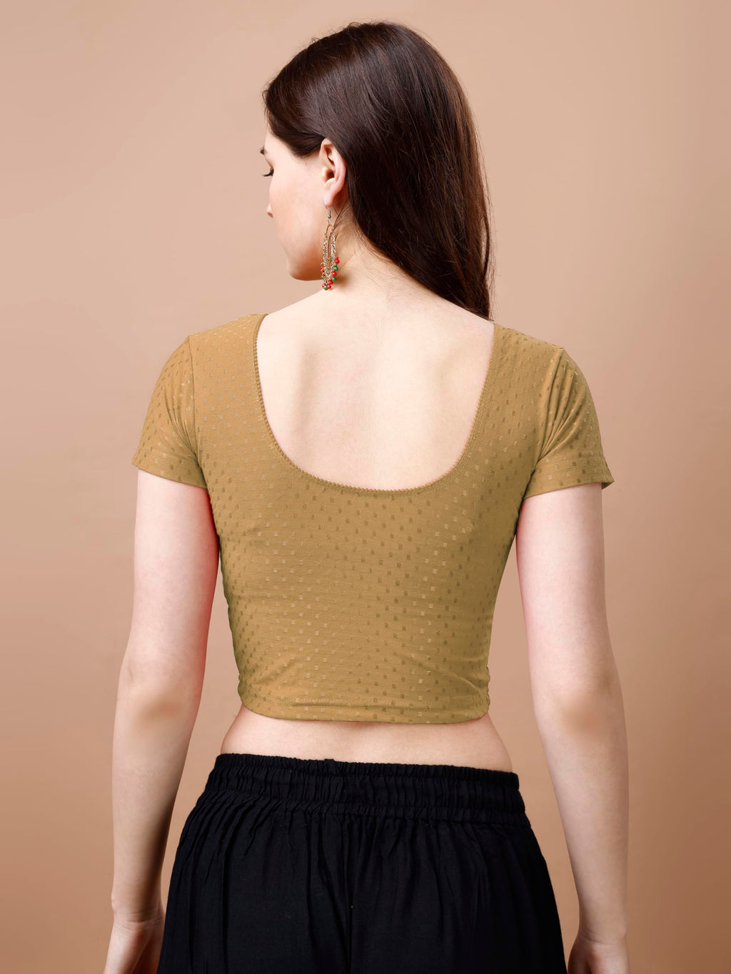 Pujia Mills WomenS Readymade Dobby Cotton Lycra Stretchable Round Neck Short Sleeve Blouse Fancy Gold Color Lycra Stretchable B