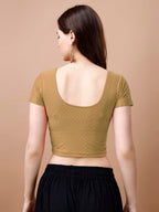 Pujia Mills WomenS Readymade Dobby Cotton Lycra Stretchable Round Neck Short Sleeve Blouse Fancy Gold Color Lycra Stretchable B