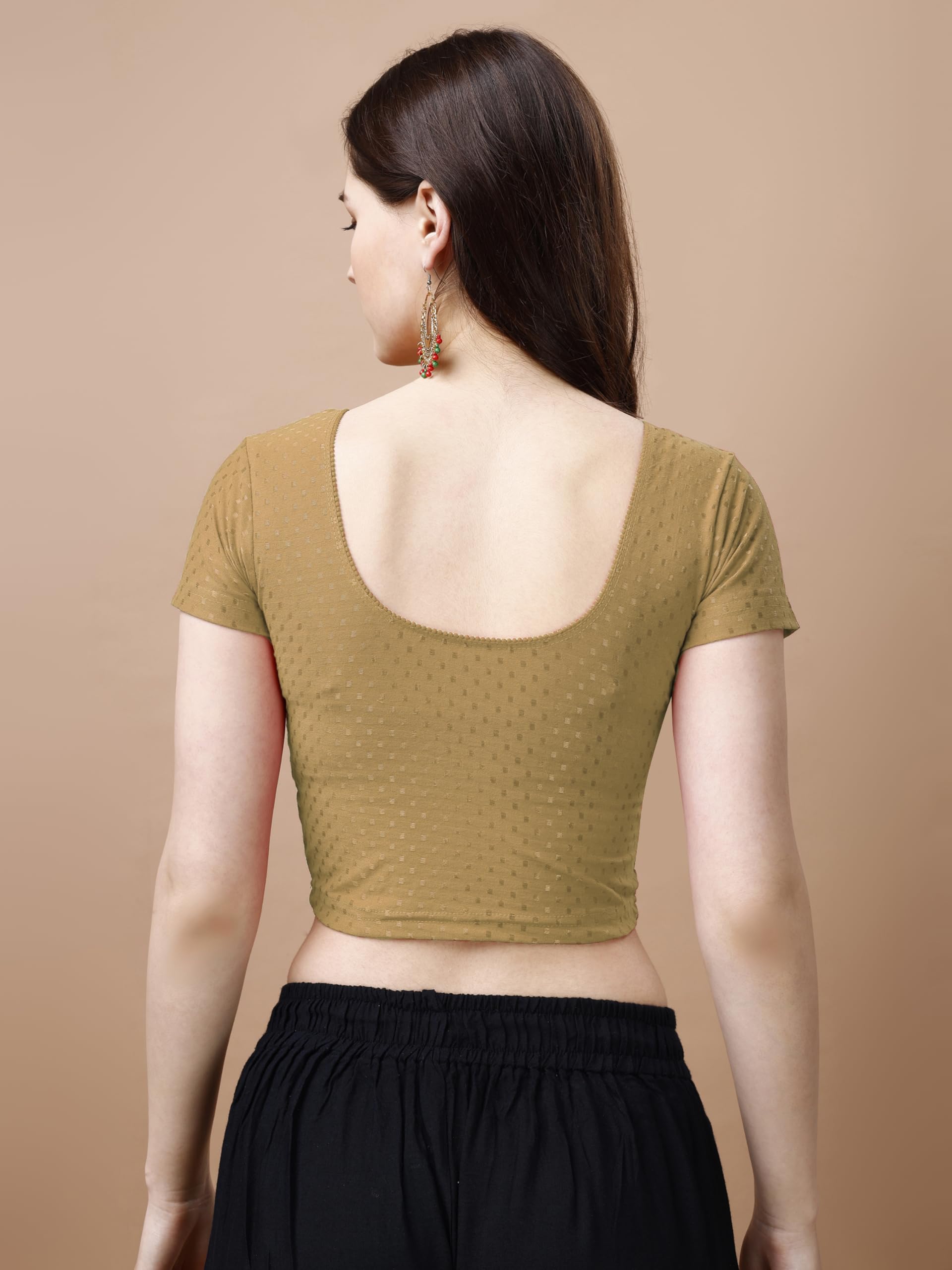 Pujia Mills WomenS Readymade Dobby Cotton Lycra Stretchable Round Neck Short Sleeve Blouse Fancy Gold Color Lycra Stretchable B