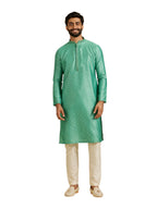 Manyavar MenS Art Silk Intricate Prints & Neck Detailing Kurta Pyjama Set (Green,L)