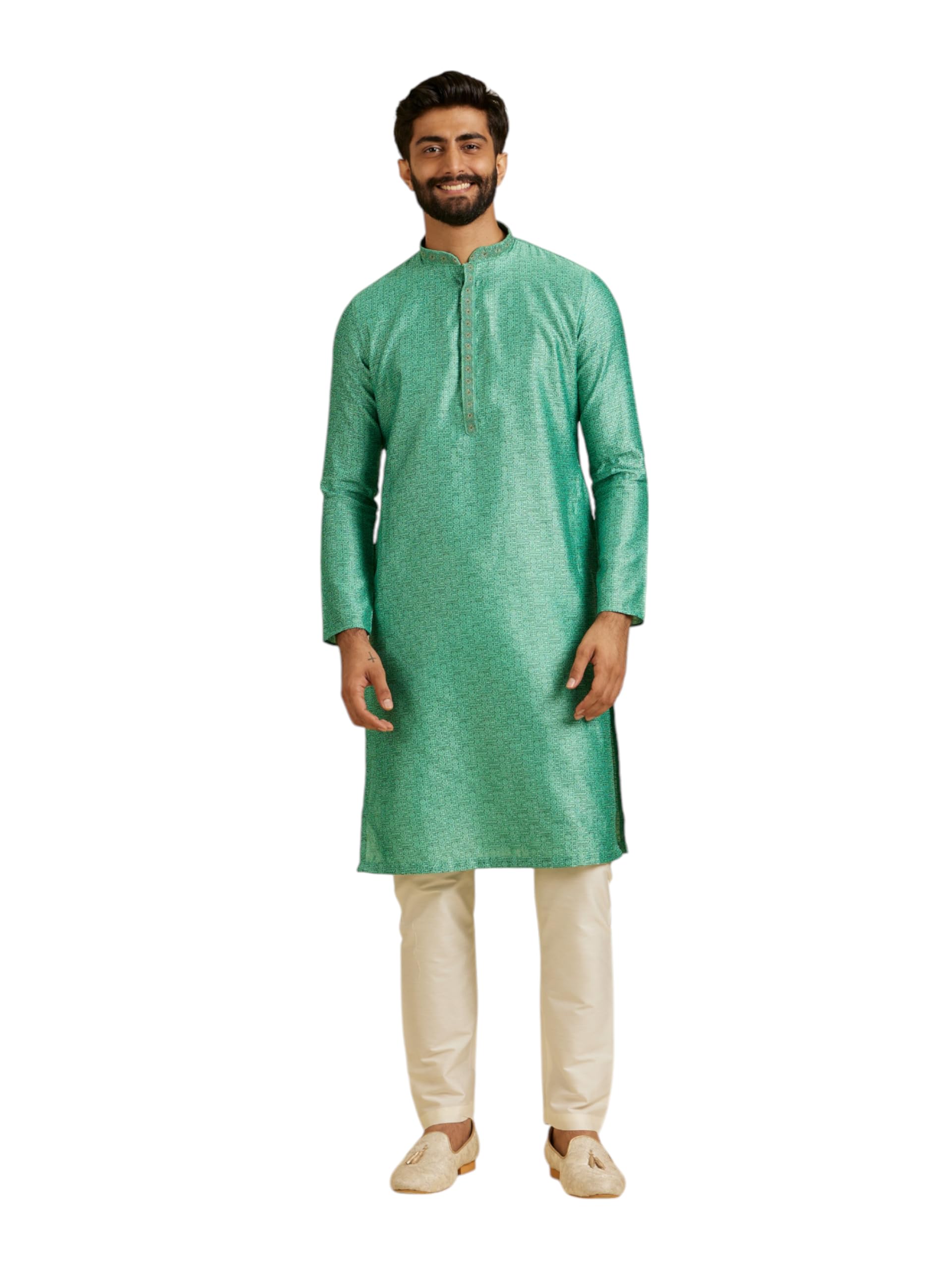 Manyavar Mens Art Silk Intricate Prints & Neck Detailing Kurta Pyjama Set (Green,3XL)