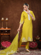 Stylum WomenS Lime Green Solid & Embroidered Silk Straight Kurta Pant Dupatta Set