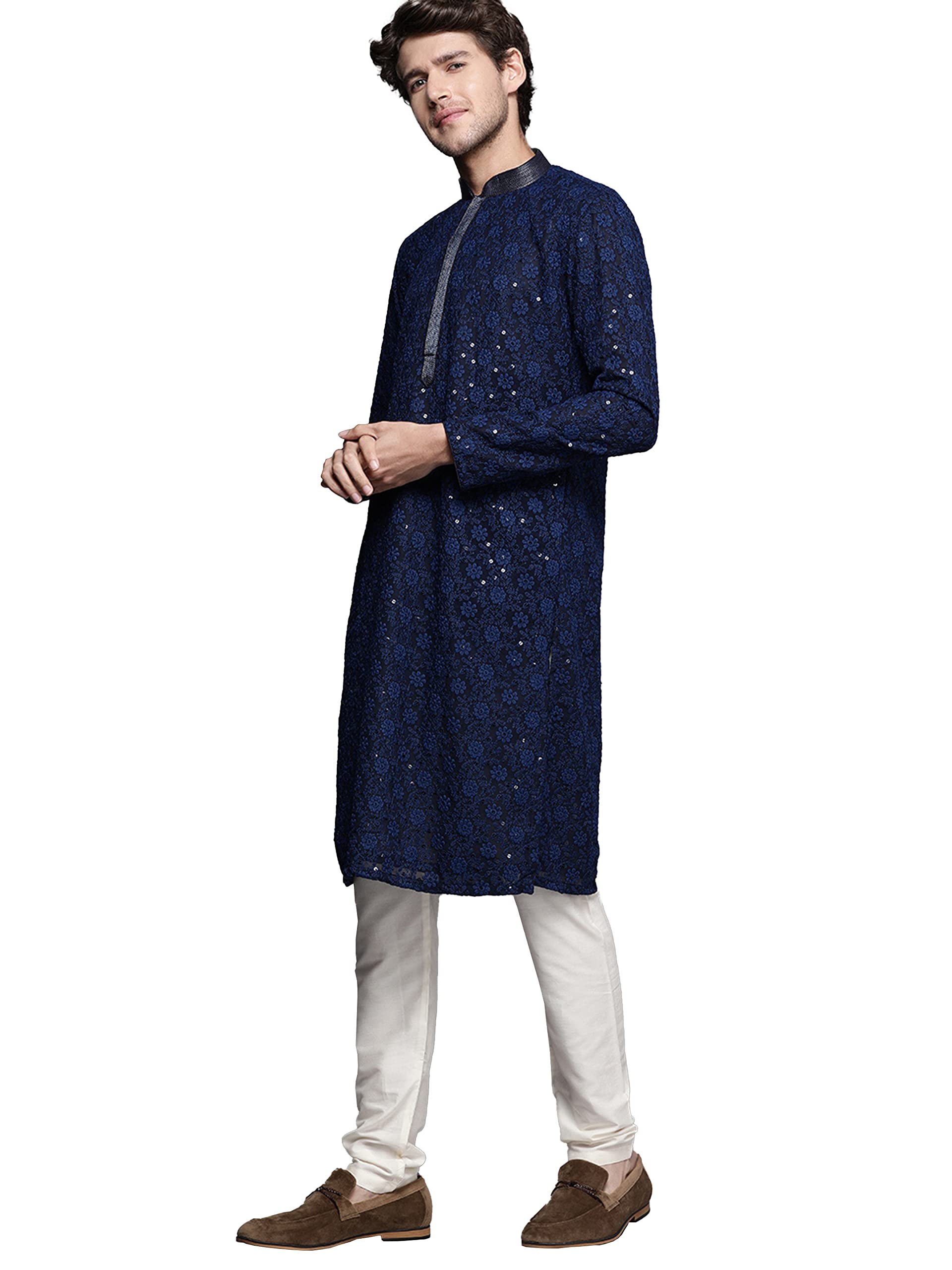 Manyavar Kurta Set For Men, Full Sleeves Mandarin Collar Ethnic Kurta Set For Engagement & Wedding, Party All Over Self Design K