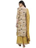 Ishin Women'S Rayon Off White & Mustard Zari Embellished A-Line Kurta Sharara Dupatta Set
