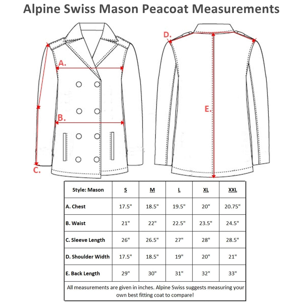 Alpine Swiss Mason Mens Wool Blend Classic Pea Coat Gray Medium