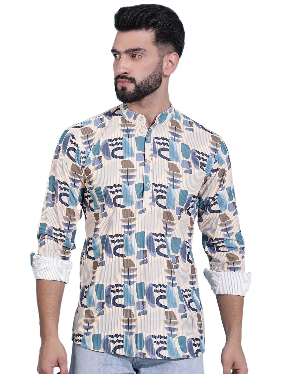 Jompers Mens Printed Corduroy Short Kurta