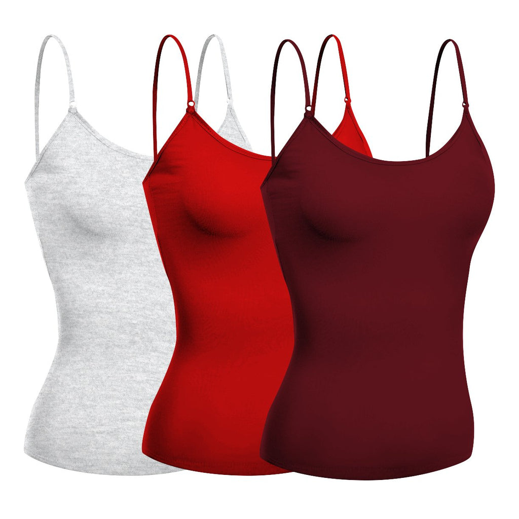 Emmalise Women's Camisole Built in Bra Wireless Fabric Support Short Cami (3Pk Red, Burgundy, H Gray, Small)