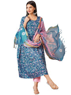 ANNI DESIGNER Womens Cotton Blend Anarkali Printed Kurta with Pant & Dupatta (NINA KEROCIN-VKS01_S_Blue_Small)