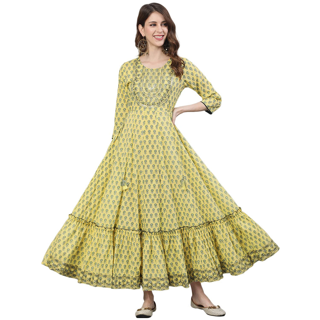 Ishin Women'S Cotton Anarkali Embroidered Sequins Embellished Print Yellow Kurti Kpmqr-10080_Xl_Yellow