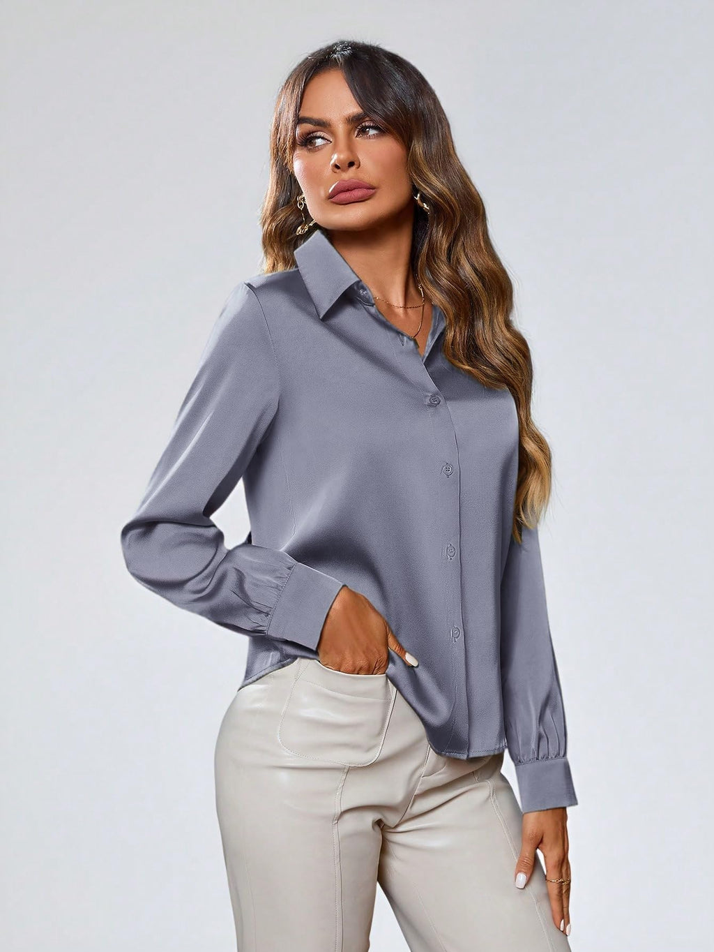 Indoprimo WomenS Solid Satin Casual Shirt | Stylish Western Long Sleeve Shirt For Women