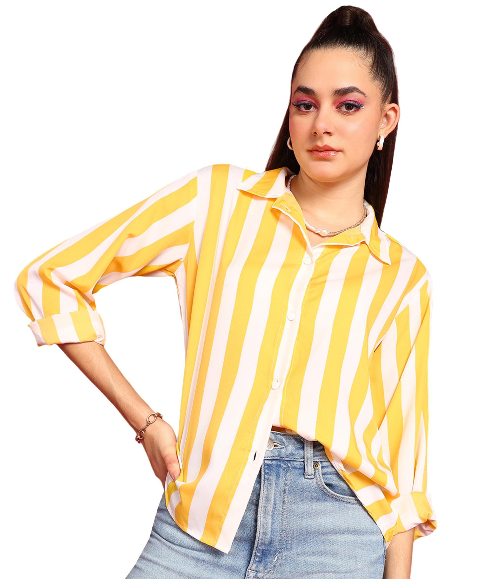 POPWINGS Stripe Printed Crepe Shirt for Women Stylish Western Casual Regular Fit Full Sleeves Shirts for Women