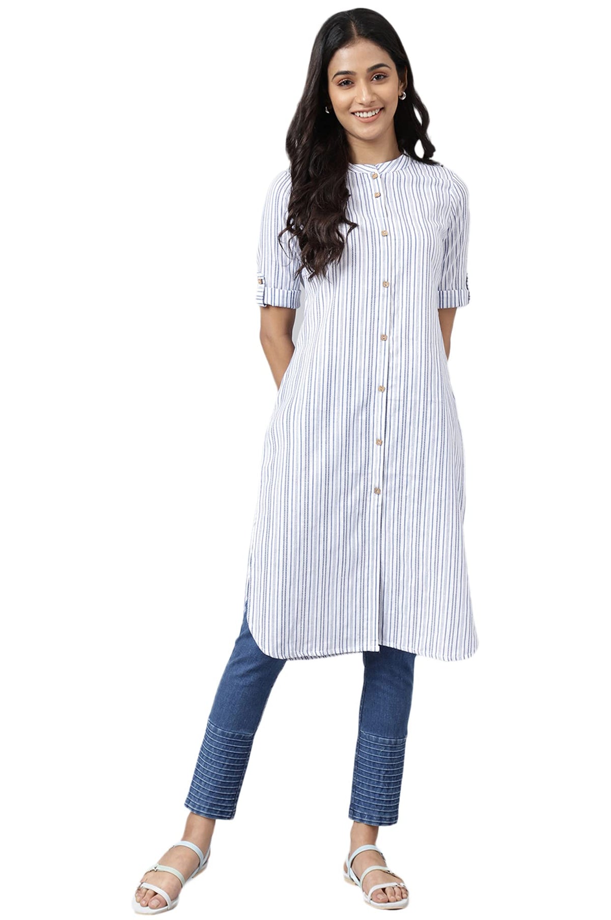 Aurelia Women White Cotton Stripes Printed Straight Kurta_22Aua13355-702450_L