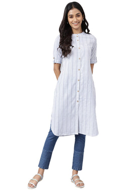 Aurelia Women White Cotton Stripes Printed Straight Kurta_22Aua13355-702450_S