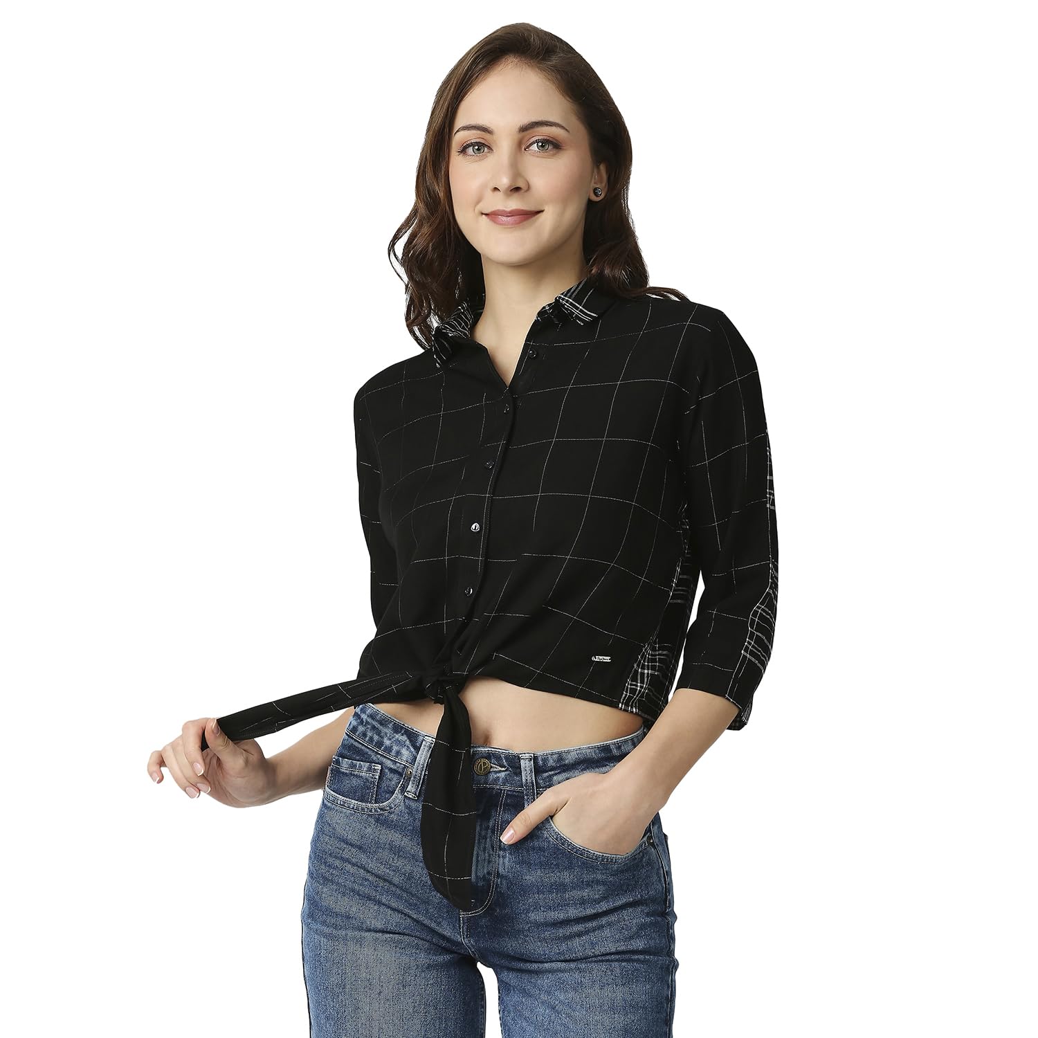 Pepe Jeans Color Block Viscose Collar Neck Womens Casual Shirt (Black, Large)